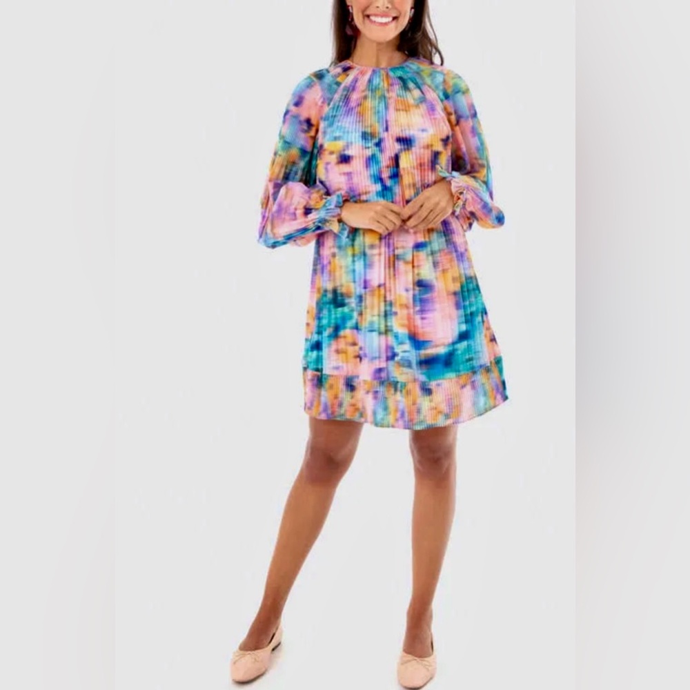 Tanya Taylor Multicolor Watercolor Pleated Long Sleeve Dress